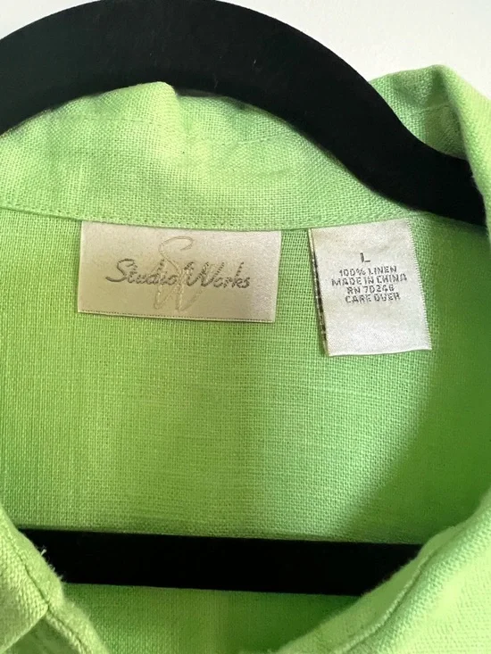 Studio Works Bright Lime Green Collared Linen Top - Picture 3 of 6